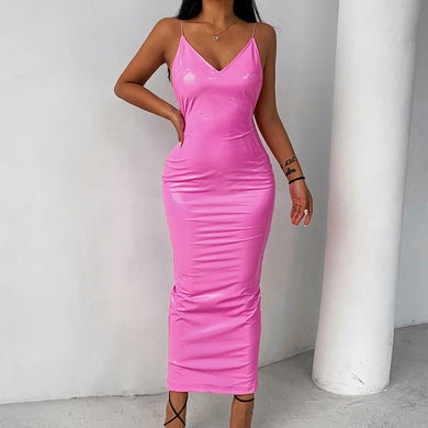 Luxe Baby Pink Faux Leather Backless Midi Dress