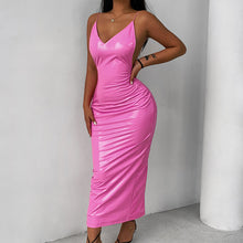 Load image into Gallery viewer, Luxe Baby Pink Faux Leather Backless Midi Dress