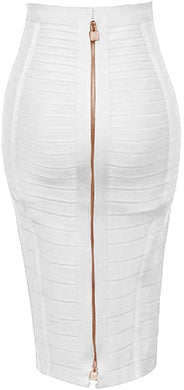 Trendy Bandage Style Zipper Back White Midi Pencil Skirt