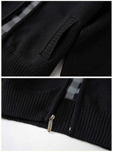Men's Black Knitted Regular Fit Full Zip Cardigan Sweater with Soft Brushed Flannel Lining