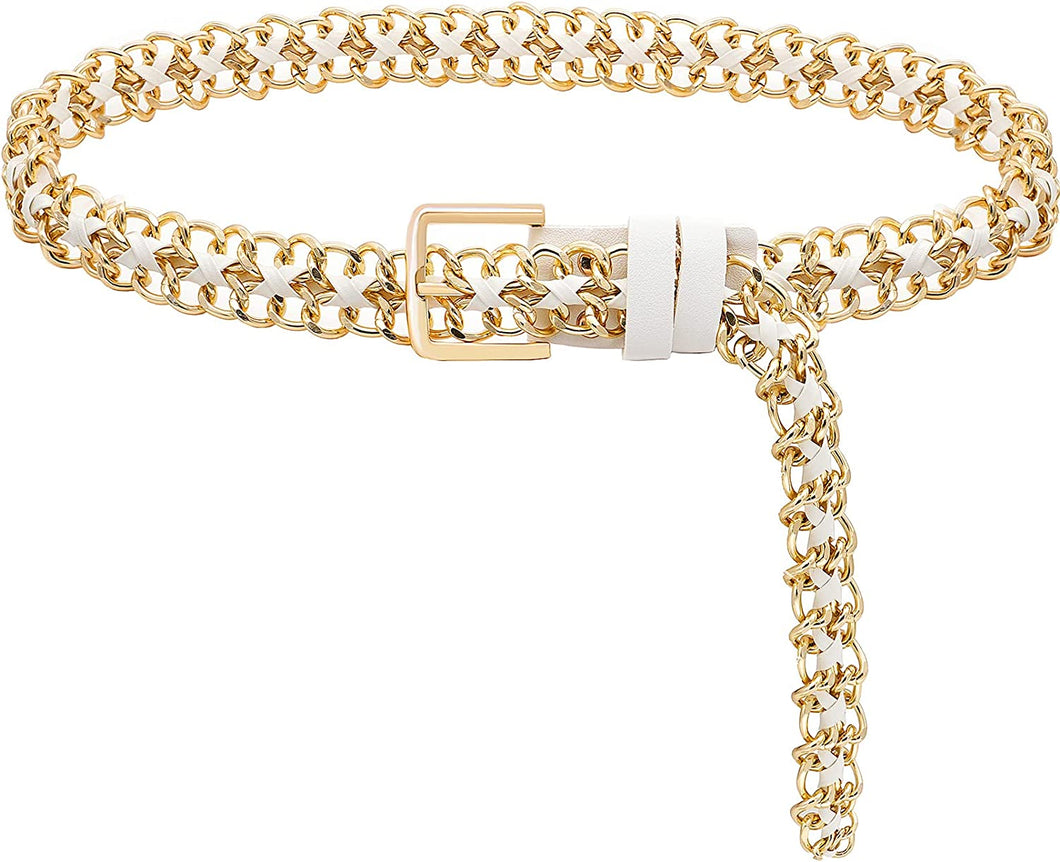 Gold White Metal Punk Leather Chain Waist Belt