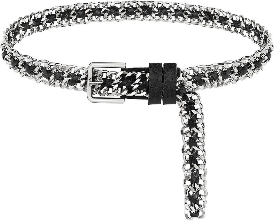 Silver Black Metal Punk Leather Chain Waist Belt