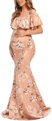 Elegant Floral Beige Off Shoulder Ruffle Maxi Maternity Dress