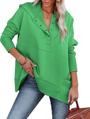 Casual Green V-Neck Hooded Sweatshirt Oversized Tops with Pocket