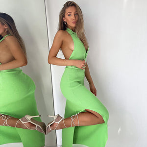 Women's Knitted Green Button Down Sleeveless Maxi Dress