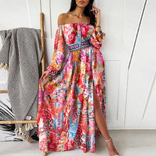 Load image into Gallery viewer, Beautiful Italian Black &amp; Gold Printed Bohemian Off Shoulder Maxi Dress