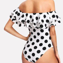 Load image into Gallery viewer, White Polkadot Ruffled Off Shoulder One Piece Swimsuit