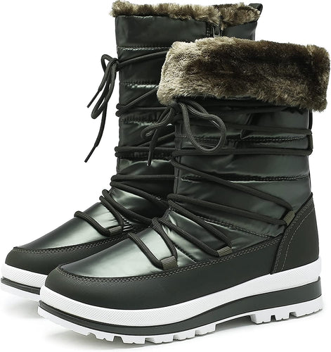 Women’s Green Winter Snow Fur Lined Mid Calf Warm Boots