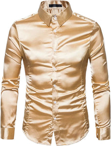 Men's Gold Shiny Satin Long Sleeve Dress Shirt