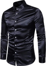 Load image into Gallery viewer, Men&#39;s Black Shiny Satin Long Sleeve Dress Shirt