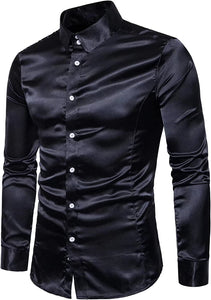 Men's Black Shiny Satin Long Sleeve Dress Shirt
