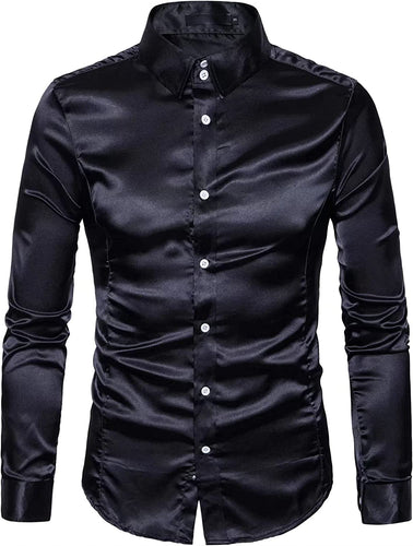 Men's Black Shiny Satin Long Sleeve Dress Shirt