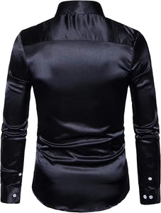 Men's Black Shiny Satin Long Sleeve Dress Shirt