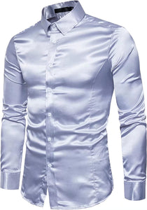 Men's Light Gray Shiny Satin Long Sleeve Dress Shirt