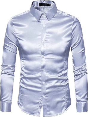 Men's Light Gray Shiny Satin Long Sleeve Dress Shirt