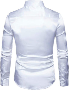 Men's White Shiny Satin Long Sleeve Dress Shirt