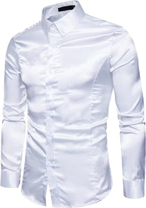 Men's White Shiny Satin Long Sleeve Dress Shirt