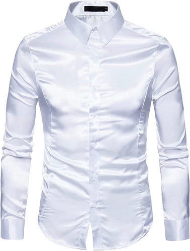 Men's White Shiny Satin Long Sleeve Dress Shirt