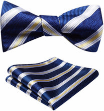 Load image into Gallery viewer, Striped Blue-Yellow-White Bow Tie Square Pocket Set