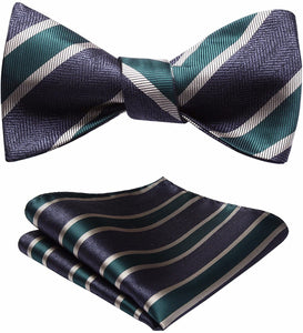 Striped Dark Gray-Green Bow Tie Square Pocket Set