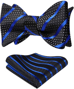 Stunning Striped Self Blue-Black Bow Tie Square Pocket Set