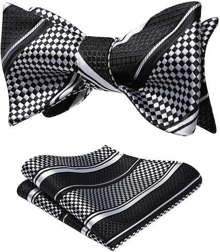 Stunning Striped Self Black-White Bow Tie Square Pocket Set