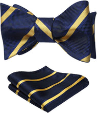 Load image into Gallery viewer, Stunning Striped Self Navy Blue-Yellow Bow Tie Square Pocket Set