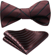 Load image into Gallery viewer, Stunning Striped Self Brown-Black Bow Tie Square Pocket Set