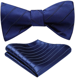Stunning Striped Self Navy Blue Bow Tie Square Pocket Set