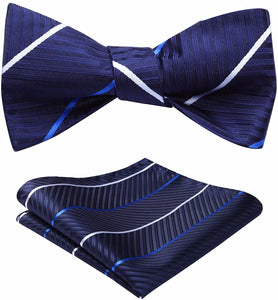 Stunning Striped Self White-Navy Blue Bow Tie Square Pocket Set