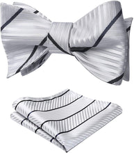 Load image into Gallery viewer, Striped White-Black Bow Tie Square Pocket Set