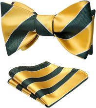Load image into Gallery viewer, Striped Green-Yellow Bow Tie Square Pocket Set