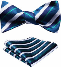 Load image into Gallery viewer, Striped Blue-White-Green Bow Tie Square Pocket Set