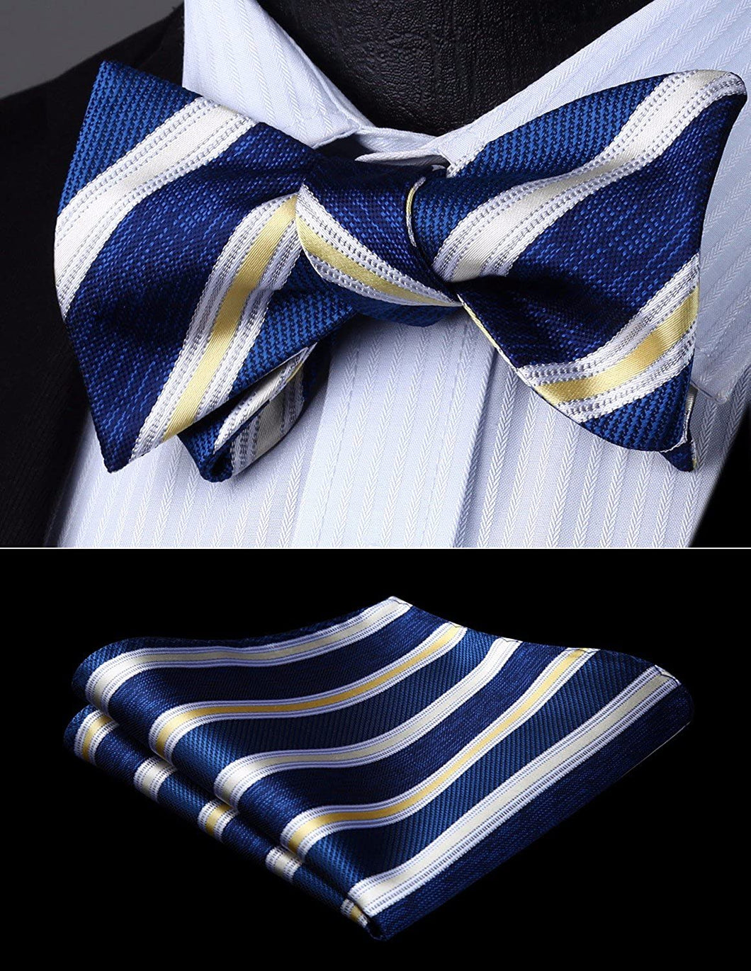 Striped Blue-Yellow-White Bow Tie Square Pocket Set