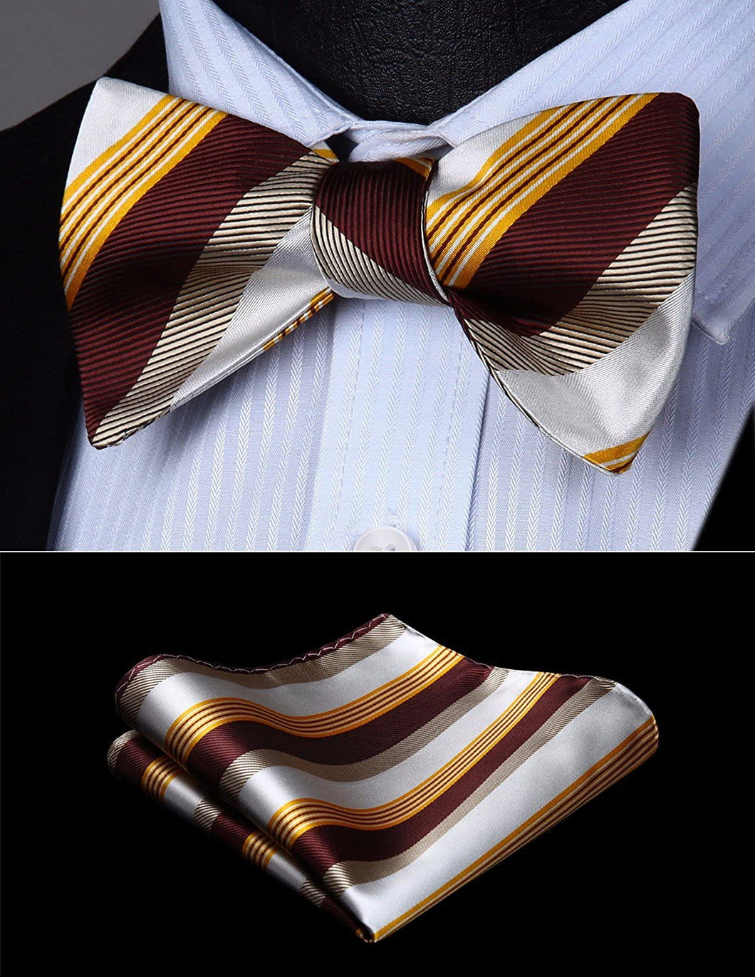 Striped Brown-White Bow Tie Square Pocket Set
