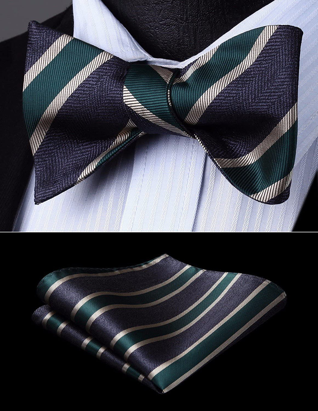 Striped Dark Gray-Green Bow Tie Square Pocket Set