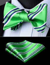 Load image into Gallery viewer, Striped Green-Blue-White Bow Tie Square Pocket Set
