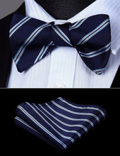 Load image into Gallery viewer, Striped Navy Blue Bow Tie Square Pocket Set