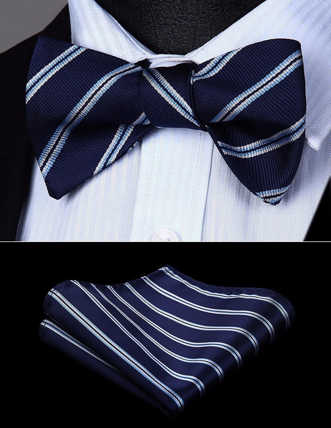 Striped Navy Blue Bow Tie Square Pocket Set