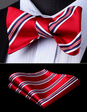 Load image into Gallery viewer, Striped Red-Blue-White Bow Tie Square Pocket Set