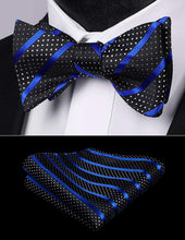 Load image into Gallery viewer, Stunning Striped Self Blue-Black Bow Tie Square Pocket Set