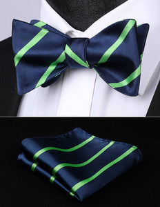 Stunning Striped Self Green-Blue Bow Tie Square Pocket Set