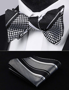 Stunning Striped Self Black-White Bow Tie Square Pocket Set