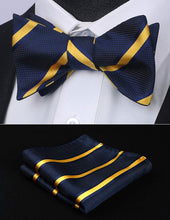 Load image into Gallery viewer, Stunning Striped Self Navy Blue-Yellow Bow Tie Square Pocket Set