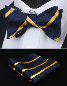 Stunning Striped Self Navy Blue-Yellow Bow Tie Square Pocket Set