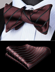 Stunning Striped Self Brown-Black Bow Tie Square Pocket Set