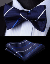 Load image into Gallery viewer, Stunning Striped Self White-Navy Blue Bow Tie Square Pocket Set
