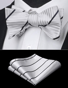 Striped White-Black Bow Tie Square Pocket Set