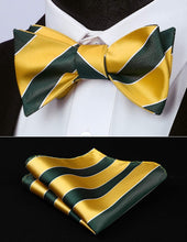Load image into Gallery viewer, Striped Green-Yellow Bow Tie Square Pocket Set