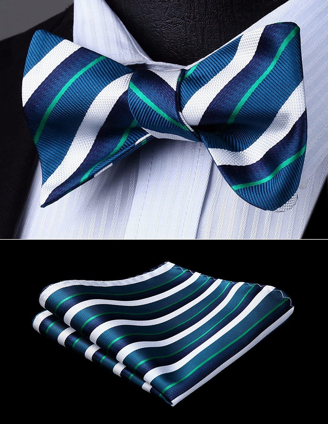 Striped Blue-White-Green Bow Tie Square Pocket Set
